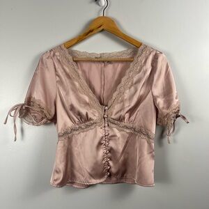 Dress Up Pink Rose Gold lace short sleeve button blouse size medium